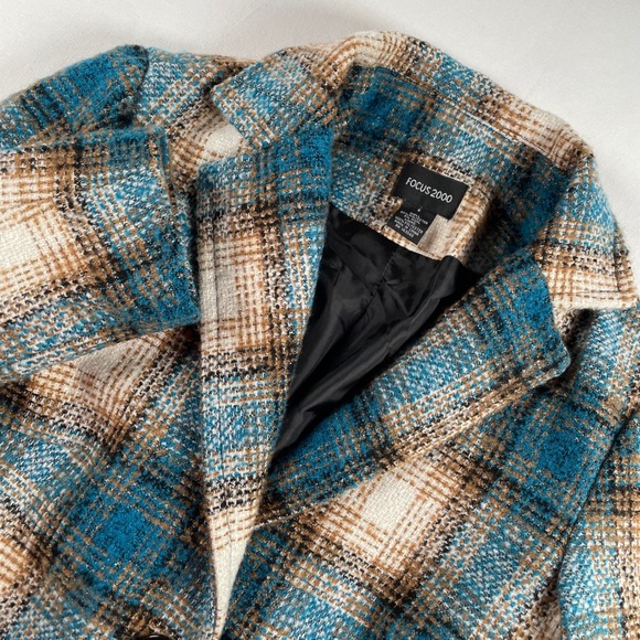 Focus 2000 Jackets & Blazers - FOCUS 2000 Women's Plaid Blazer Jacket Teal Blue Brown Tweed Wool Blend Size‎ 6